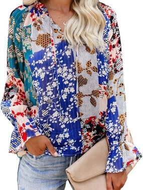 AMAZON Boho Floral Patchwork Long-Sleeve Top - Blue Multi